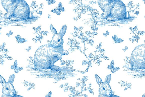 Blue Toile De Jouy Easter Bunny Pattern2: Timeless Elegance Meets Whimsical Design