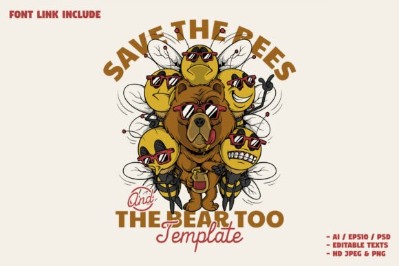 Cool Bear Mascot Surrounded by Funny Bee