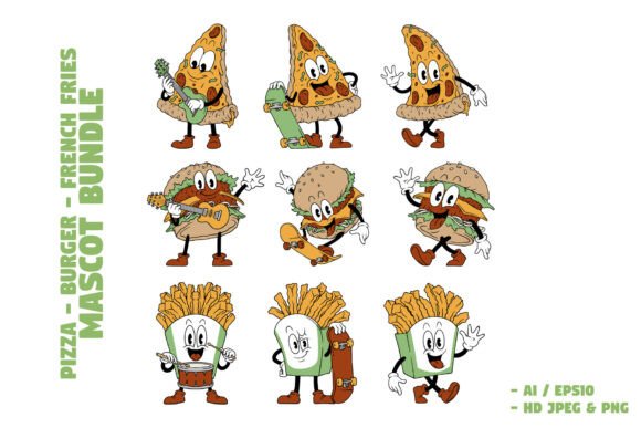 Pizza, Burger, and French Fries Mascot