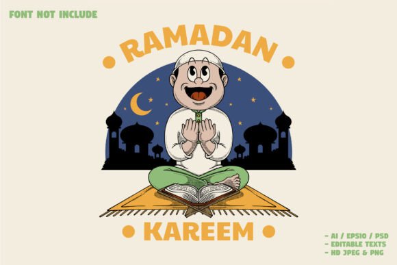 Retro Muslim Boy Mascot Praying at Night