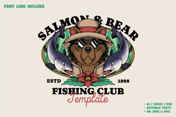 Salmon Fishing Bear Emblem Illust: A Versatile Mascot Logo for Bold Brand Identities