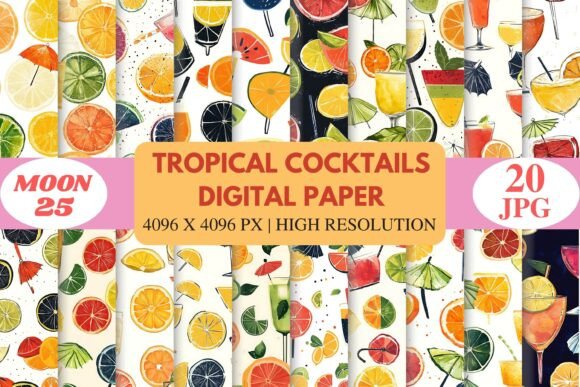 Tropical Cocktails Digital Paper for Creative Design Projects