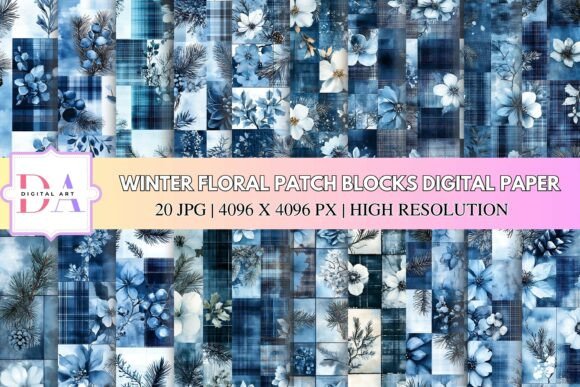 Winter Floral Patch Blocks Digital Paper: A Sophisticated Touch for Seasonal Creations
